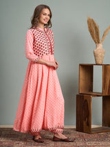 Women's Peach Ethnic Printed Anarkali Flared Kurta with Embroidered Short Jacket and Pant