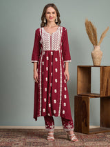 Women's Maroon Chikankari Embroidered A-Line Paneled Kurta with Pant