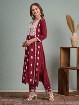 Women's Maroon Chikankari Embroidered A-Line Paneled Kurta with Pant