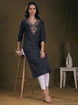 Women's Black Ethnic Floral Printed & Embroidered A-Line Kurta