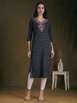 Women's Black Ethnic Floral Printed & Embroidered A-Line Kurta