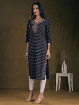 Women's Black Ethnic Floral Printed & Embroidered A-Line Kurta
