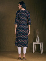 Women's Black Ethnic Floral Printed & Embroidered A-Line Kurta