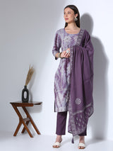 Women's Lavender Ethnic Printed Hand Embroidered Straight Fit Kurta with Pant and Dupatta