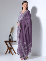 Women's Lavender Ethnic Printed Hand Embroidered Straight Fit Kurta with Pant and Dupatta