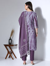 Women's Lavender Ethnic Printed Hand Embroidered Straight Fit Kurta with Pant and Dupatta