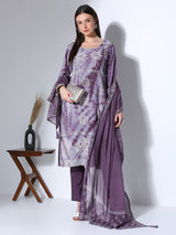 Women's Lavender Ethnic Printed Hand Embroidered Straight Fit Kurta with Pant and Dupatta