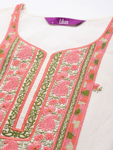 Women's White Cotton Kurta and Off White Embroidered Palazzo with Off White Cotton Embroidered Dupatta