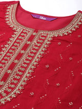 Women's Red Silk Blend Sequinned Zari Dori Kurta & Silk Blend Solid Palazzo & Magenta Sequinned Dupatta