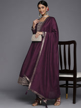 Women's Purple Silk Blend Embroidered Kurta and Solid Churidar with Purple Silk Chiffon Self Design Dupatta