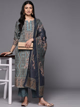 Women's Blue Crepe Ethnic Printed Straight Kurta with Crepe Trousers & Crepe Printed Dupatta