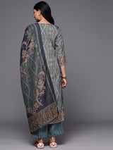 Women's Blue Crepe Ethnic Printed Straight Kurta with Crepe Trousers & Crepe Printed Dupatta