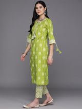 Women's Green Pure Cotton Printed Straight Kurta with Green Cotton Trousers and Green Cotton Dupatta