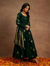 Women's Green Chanderi Silk Woven Design Anarkali Kurta & Silk Blend Palazzo & Chanderi Self Design Dupatta