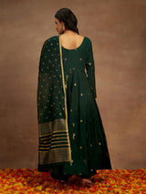 Women's Green Chanderi Silk Woven Design Anarkali Kurta & Silk Blend Palazzo & Chanderi Self Design Dupatta