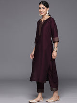 Women's Purple Silk Blend Solid Straight Kurta and Solid Trousers with Both Side Pocket