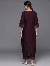 Women's Purple Silk Blend Solid Straight Kurta and Solid Trousers with Both Side Pocket
