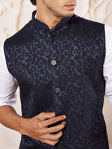 Men's Navy Silk Blend Jacquard Work Full Sleeves Nehru Jacket
