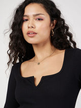 Women's Black Rib V-Neck Top