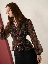 Women's Black Printed Peplum Top