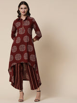Women's Brown Daily Chevron Three-Quarter Sleeves Kurta Sets