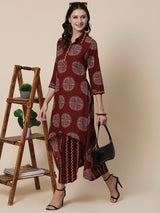 Women's Brown Daily Chevron Three-Quarter Sleeves Kurta Sets
