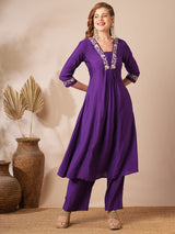 Women's Purple Casual Three Quarter Sleeves Co-ords Set
