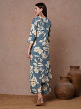 Women's Blue Casual Three Quarter Sleeves Co-ords Set