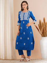 Women's Blue Floral Chikankari Embroidered Straight Fit Kurta Set