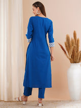 Women's Blue Floral Chikankari Embroidered Straight Fit Kurta Set