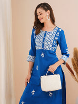 Women's Blue Floral Chikankari Embroidered Straight Fit Kurta Set