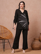 Women's Black Casual Three Quarter Sleeves Co-ords Set