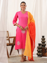 Women's Pink Ombre Dyed & Gota Embroidered Straight Kurta with Pant