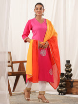 Women's Pink Ombre Dyed & Gota Embroidered Straight Kurta with Pant