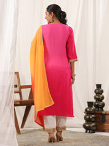 Women's Pink Ombre Dyed & Gota Embroidered Straight Kurta with Pant
