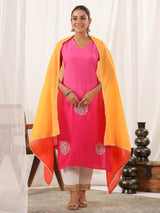 Women's Pink Ombre Dyed & Gota Embroidered Straight Kurta with Pant