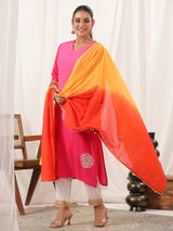 Women's Pink Ombre Dyed & Gota Embroidered Straight Kurta with Pant
