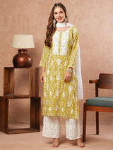 Women's Yellow Festive Floral Full Sleeves Kurta Sets