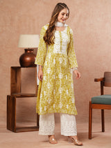 Women's Yellow Festive Floral Full Sleeves Kurta Sets