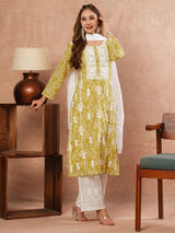 Women's Yellow Festive Floral Full Sleeves Kurta Sets