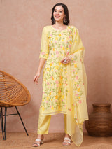 Women's Yellow Festive Floral Three-Quarter Sleeves Kurta Sets