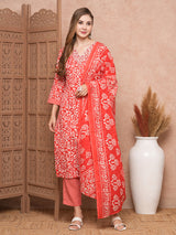 Women's Red Festive Abstract Three-Quarter Sleeves Kurta Sets