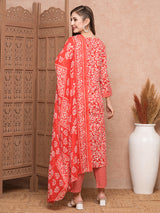 Women's Red Festive Abstract Three-Quarter Sleeves Kurta Sets