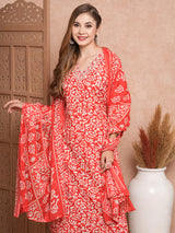 Women's Red Festive Abstract Three-Quarter Sleeves Kurta Sets