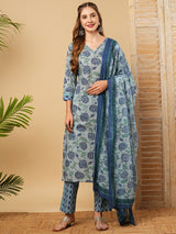 Women's Blue Festive Floral Three-Quarter Sleeves Kurta Sets