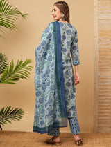 Women's Blue Festive Floral Three-Quarter Sleeves Kurta Sets