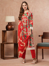 Women's Red Festive Floral Three-Quarter Sleeves Kurta Sets