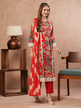 Women's Red Festive Floral Three-Quarter Sleeves Kurta Sets