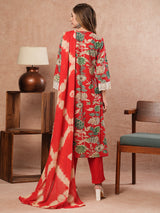 Women's Red Festive Floral Three-Quarter Sleeves Kurta Sets