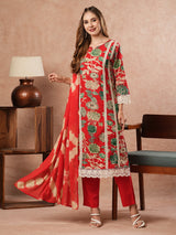 Women's Red Festive Floral Three-Quarter Sleeves Kurta Sets
